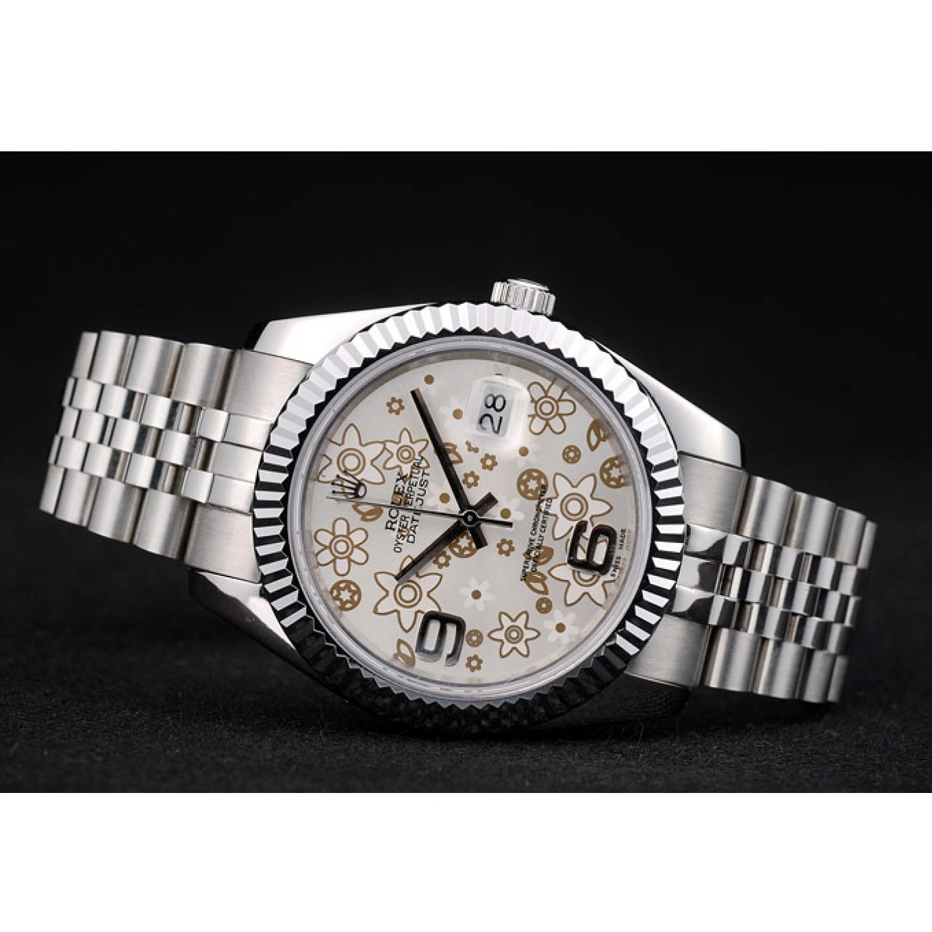 MiroTime 0718 Rolex Swiss DateJust Stainless Steel Ribbed Bezel Flower Silver Dial 42001